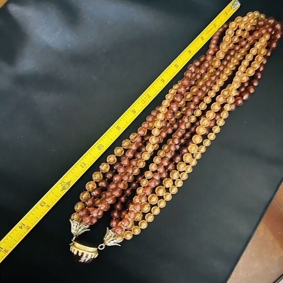 Vintage Chunky Amber Yellow Lucite Multi Strand Beaded Necklace Dome Box Clasp - Picture 14 of 16